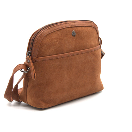 Sage – Cognac Suede Crossbody Bag, Compact Zip-Top Shoulder Bag