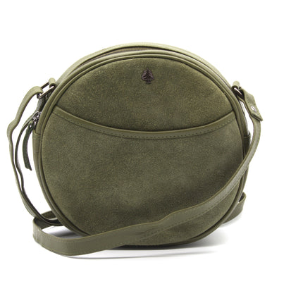 Orla – Olive Green Suede Round Crossbody Bag, Compact Circle Handbag