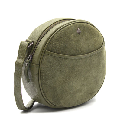 Orla – Olive Green Suede Round Crossbody Bag, Compact Circle Handbag