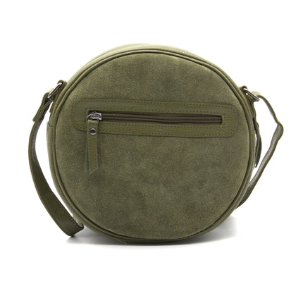Orla – Olive Green Suede Round Crossbody Bag, Compact Circle Handbag