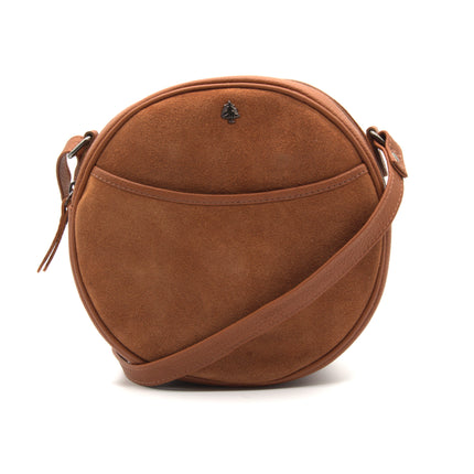Orla – Cognac Suede Round Crossbody Bag, Compact Circle Handbag