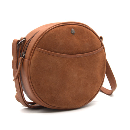Orla – Cognac Suede Round Crossbody Bag, Compact Circle Handbag