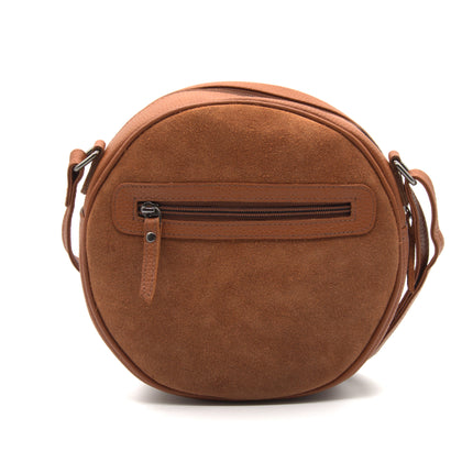 Orla – Cognac Suede Round Crossbody Bag, Compact Circle Handbag