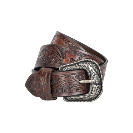 Remy – Distressed Western Leather Belt, Floral Embossed, Antique Silver Buckle, Espresso (Pack of 6)