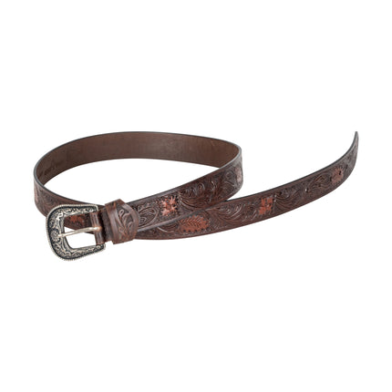 Remy – Distressed Western Leather Belt, Floral Embossed, Antique Silver Buckle, Espresso (Pack of 6)