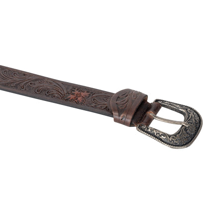 Remy – Distressed Western Leather Belt, Floral Embossed, Antique Silver Buckle, Espresso (Pack of 6)
