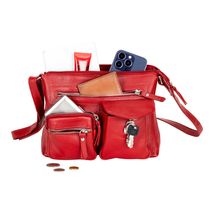 Mila Multi-Pocket Leather Crossbody Bag – Red