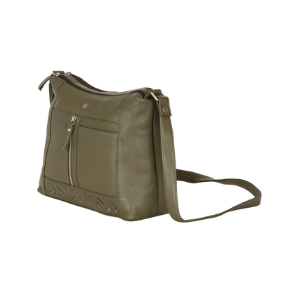 Savannah Woven Detail Leather Crossbody Bag – Olive Green