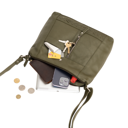 Savannah Woven Detail Leather Crossbody Bag – Olive Green