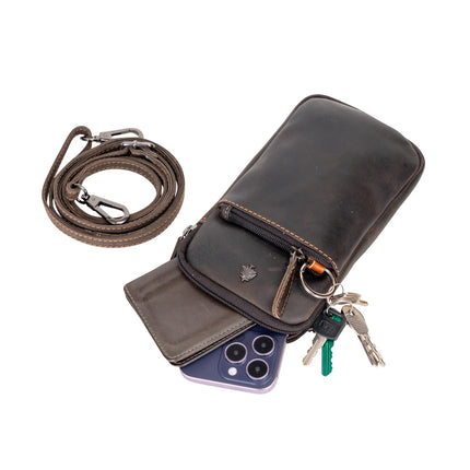 Handmade Vintage Leather Phone Bag – Crossbody Mobile Pouch with Belt Loop, Keys & Card Pocket