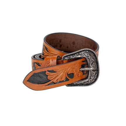 Jesse – Embossed Western Belt, Genuine Leather, Rope-Edge Buckle, Tan Black (Pack of 6)