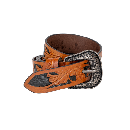 Embossed Leather Belt - Tan - With Western Style Buckle
