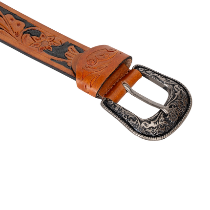 Embossed Leather Belt - Tan - With Western Style Buckle