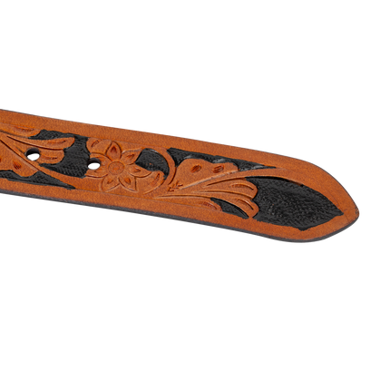 Embossed Leather Belt - Tan - With Western Style Buckle