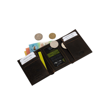 Greenwood Leather “Wellington” Men’s Tri-Fold RFID Leather Wallet – Dark Brown | Gift Box Included