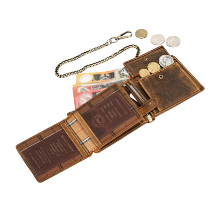 The Outlaw Biker Wallet with Chain — Vintage Hunter Leather Trifold Wallet