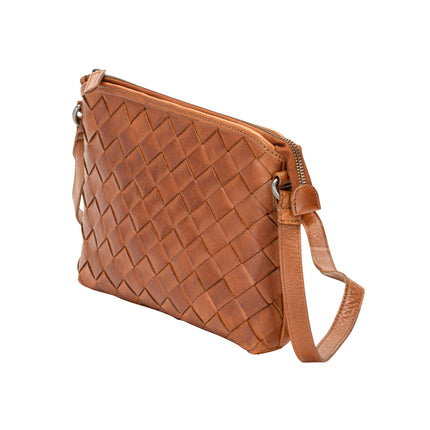Mila – Diamond Weave Leather Crossbody Bag (Cognac)